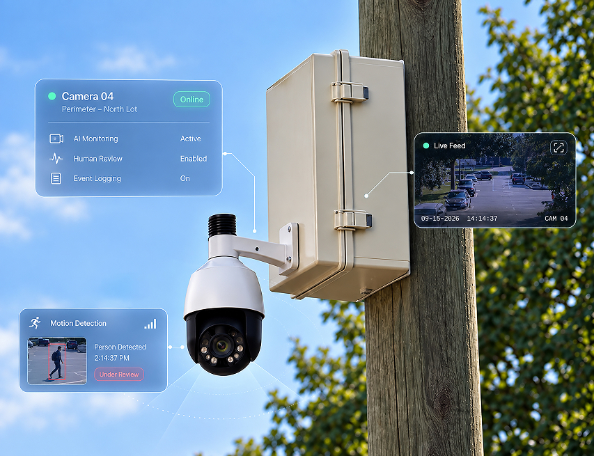 An OcularAI camera on a utility pole beside its weatherproof cabinet, with the console's camera status, motion detection and live feed panels called out around it.