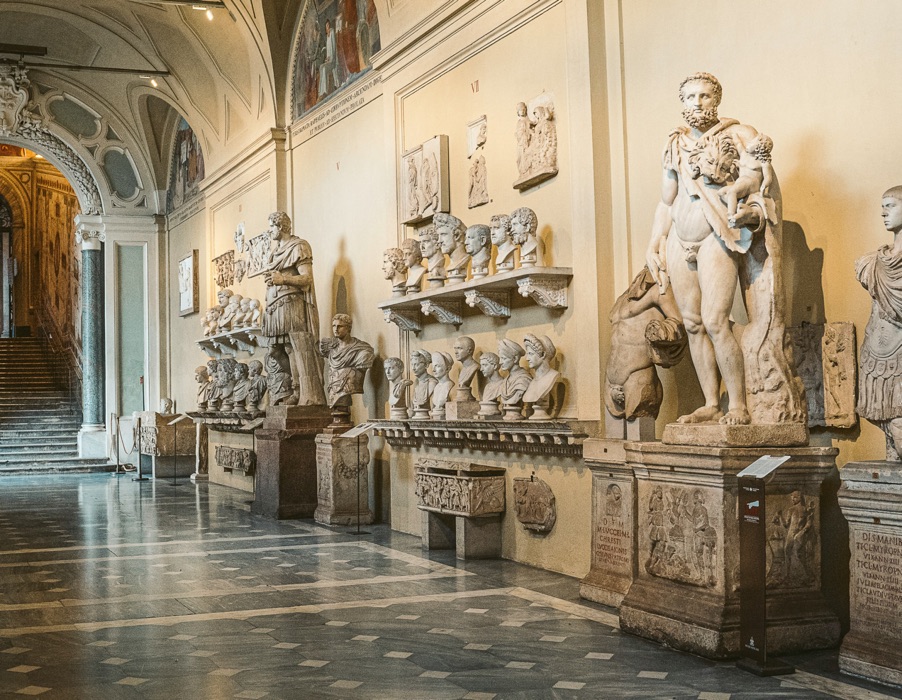 A gallery of classical statues and reliefs.