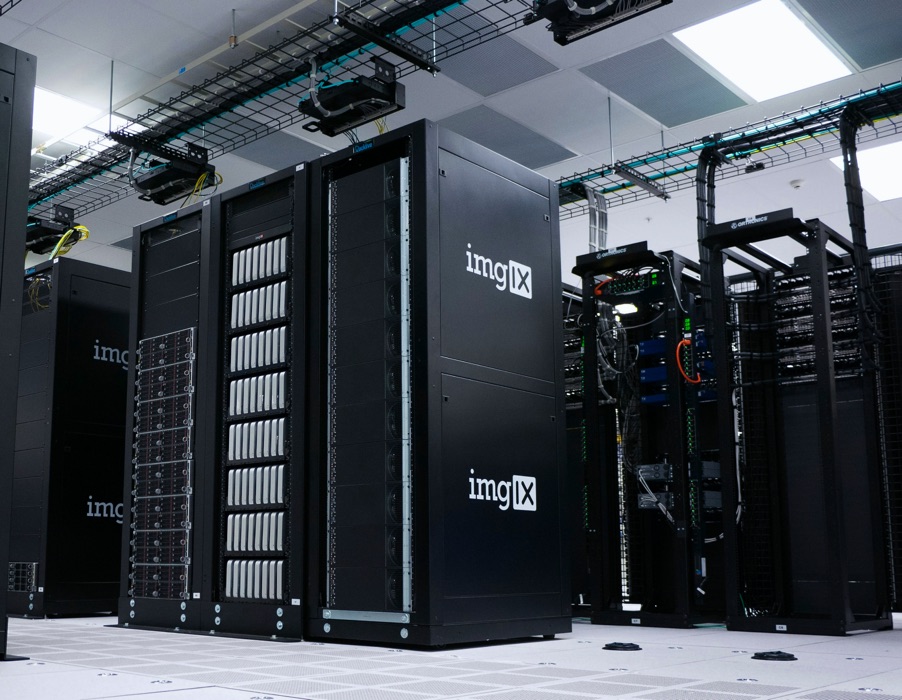 A data centre aisle lined with server racks.