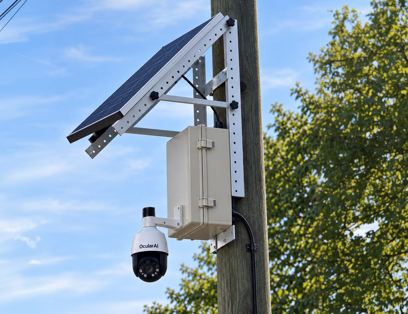 An OcularAI pan-tilt-zoom camera mounted on a utility pole beside a weatherproof cabinet.